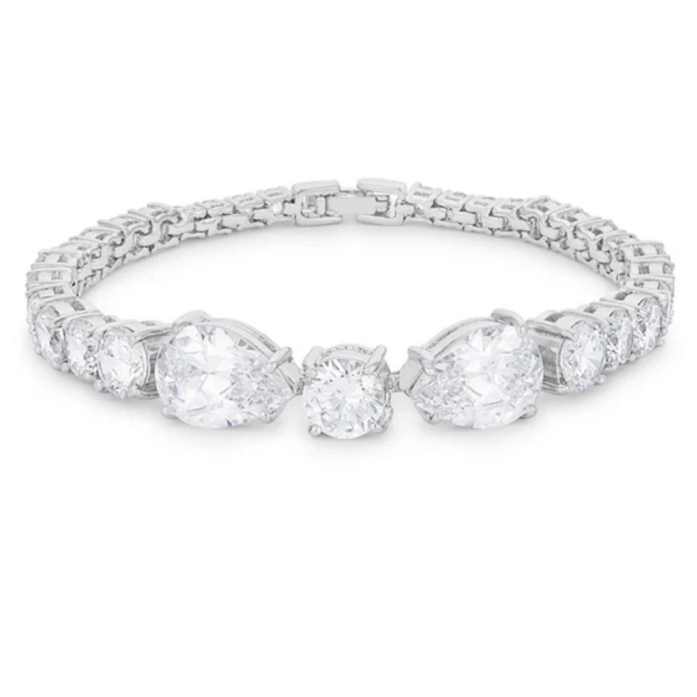 23ct Elegant Pear Round Simulated Diamond Tennis Bracelet Rhodium Plated, NEW